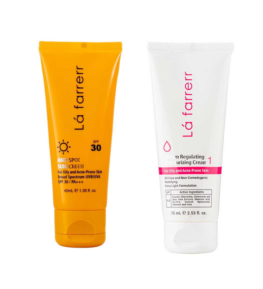 پک کرم مرطوب کننده و آبرسان پوست چرب و اکنه دار و کرم ضد آفتاب و ضد لک بدون رنگ دارای spf30